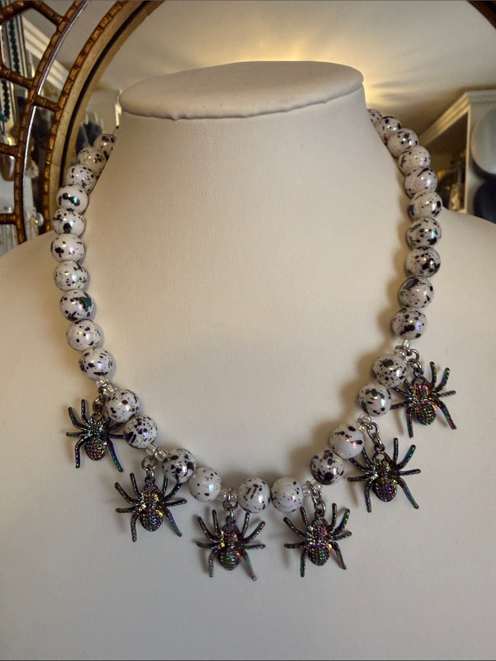 Audrey Limoges Collection Speckled Bead Necklace with Iridescent Spiders 17"